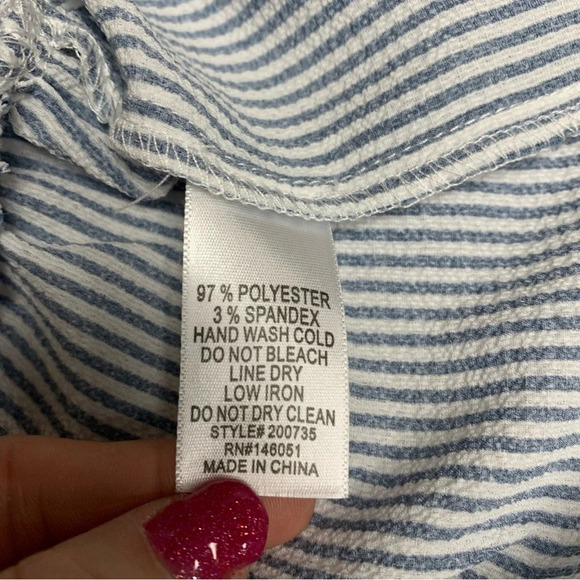 Monteau Los Angeles blue/white seersucker blouse size large mandarin collar - Picture 6 of 7